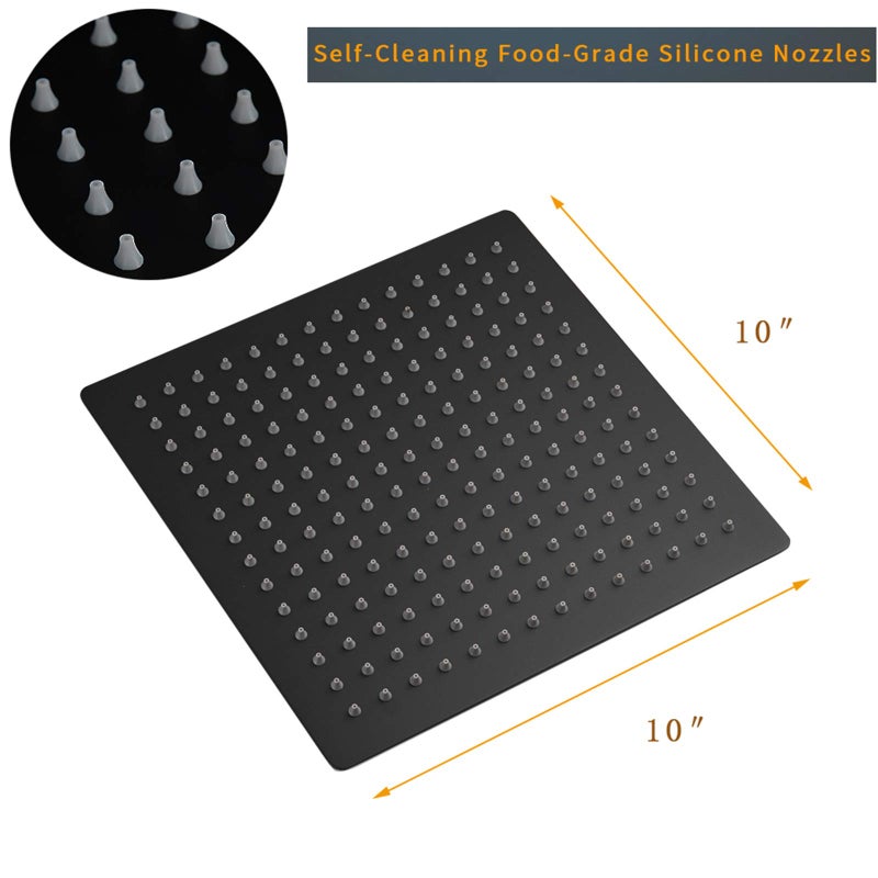 BESy رأس دش مطري BESy مقاس 10 بوصة، دش مطري مربع 10" وضغط عالي من الفولاذ المقاوم للصدأ، رقيق جداً بسمك 1/16"، تغطية كاملة للجسم مع فوهة سيليكون، تشطيب أسود غير لامع - Image 4